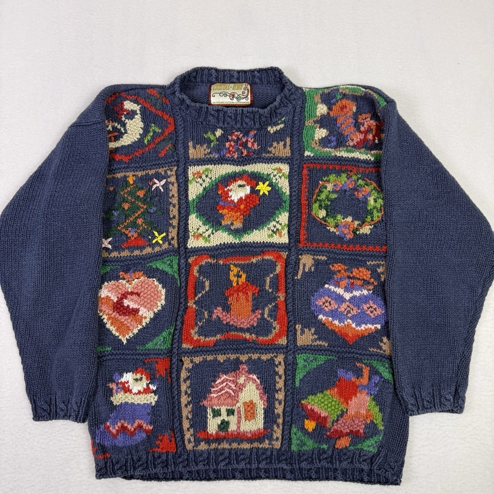 Vintage Crystal Kobe Christmas Sweater Women's Large Blue Knit Holiday Santa‎